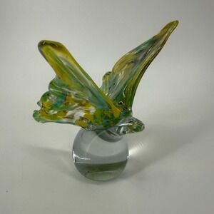 Hand Blown Art Glass Butterfly Figurine Pier 1 Style Green Yellow Decor